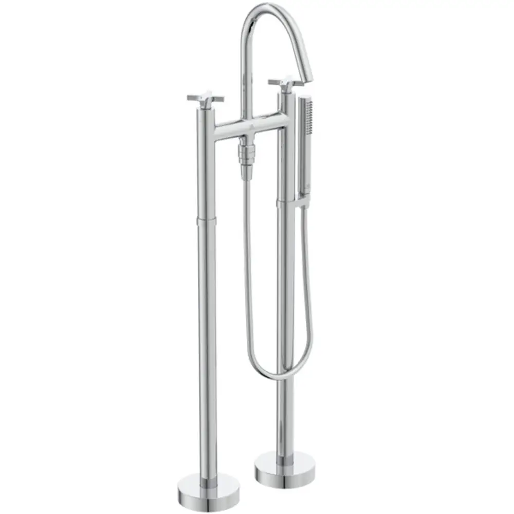 Freistehende Badearmatur mit zwei Kreuzgriffen und doppeltem Körper. Aus verchromtem Material von Ideal Standard, geeignet für moderne Badezimmerdesigns.